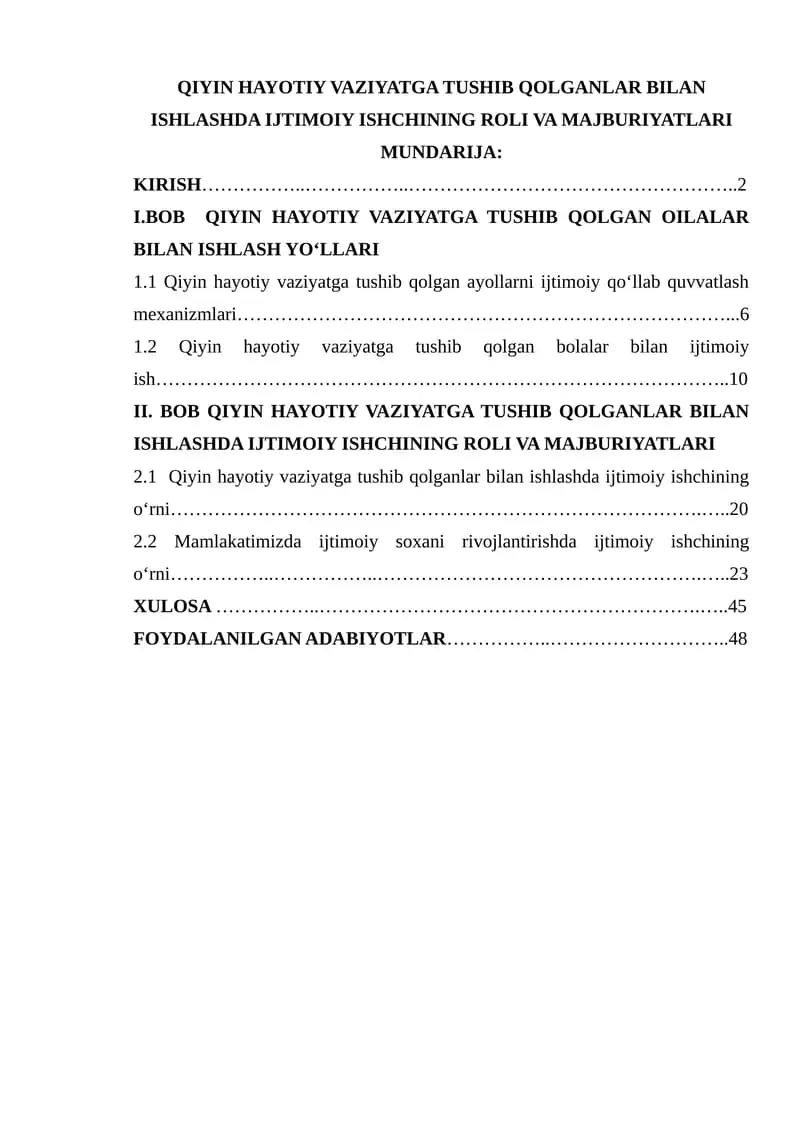 QIYIN HAYOTIY VAZIYATGA TUSHIB QOLGANLAR BILAN ISHLASHDA IJTIMOIY ISHCHINING ROLI VA MAJBURIYATLARI