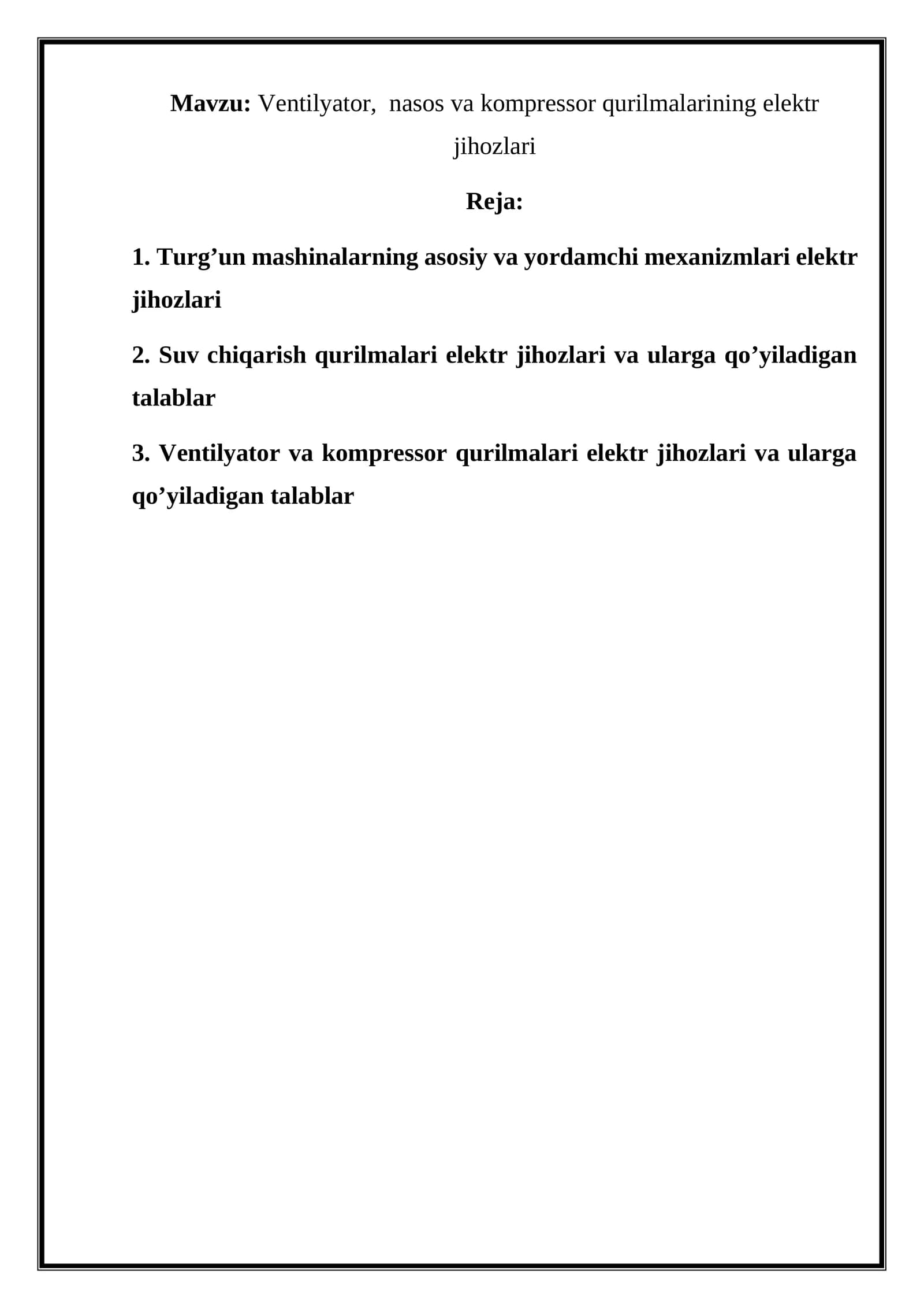Ventilyator, nasos va kompressor qurilmalarining elektr jihozlari
