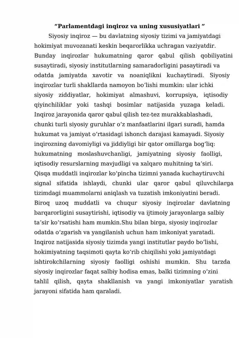 Parlamentdagi inqiroz va uning xususiyatlari