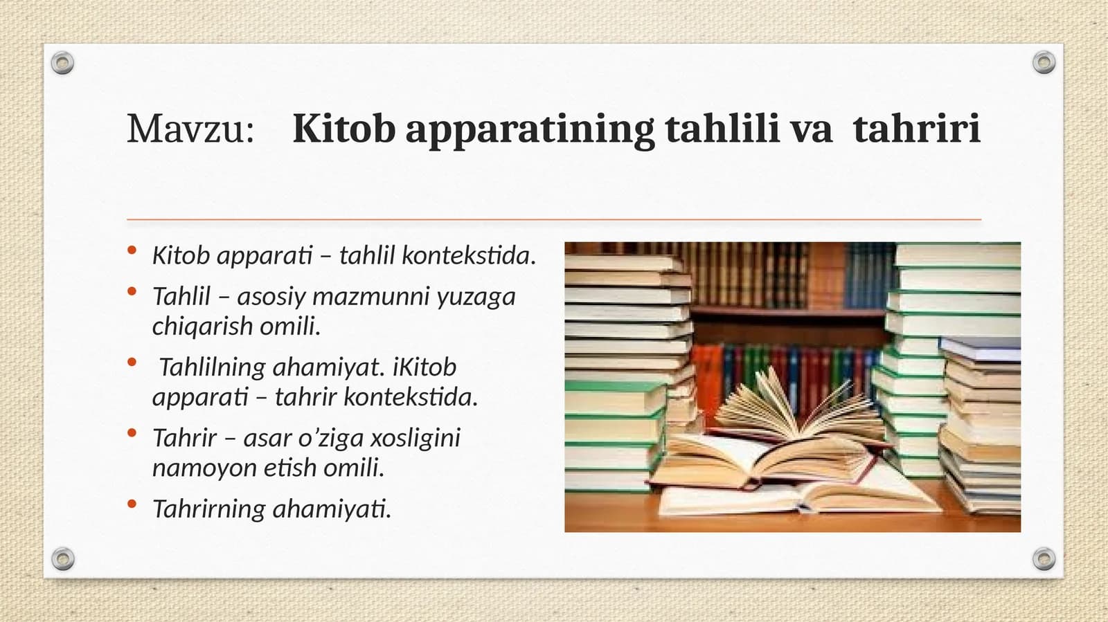 Kitob apparatining tahlili va  tahriri