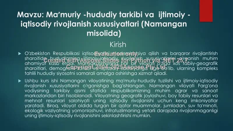 Namangan viloyatining ma'muriy-hududiy tarkibi va ijtimoiy-iqtisodiy rivojlanishining o'ziga xos xususiyatlari