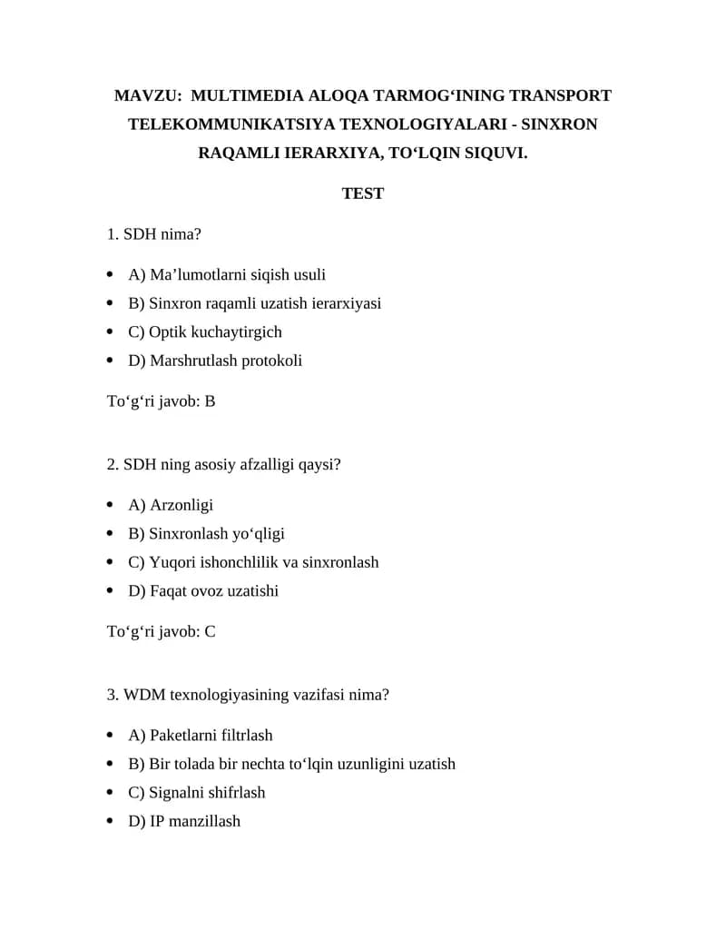 MULTIMEDIA ALOQA TARMOG‘INING TRANSPORT TELEKOMMUNIKATSIYA TEXNOLOGIYALARI - SINXRON RAQAMLI IERARXIYA, TO‘LQIN SIQUVI