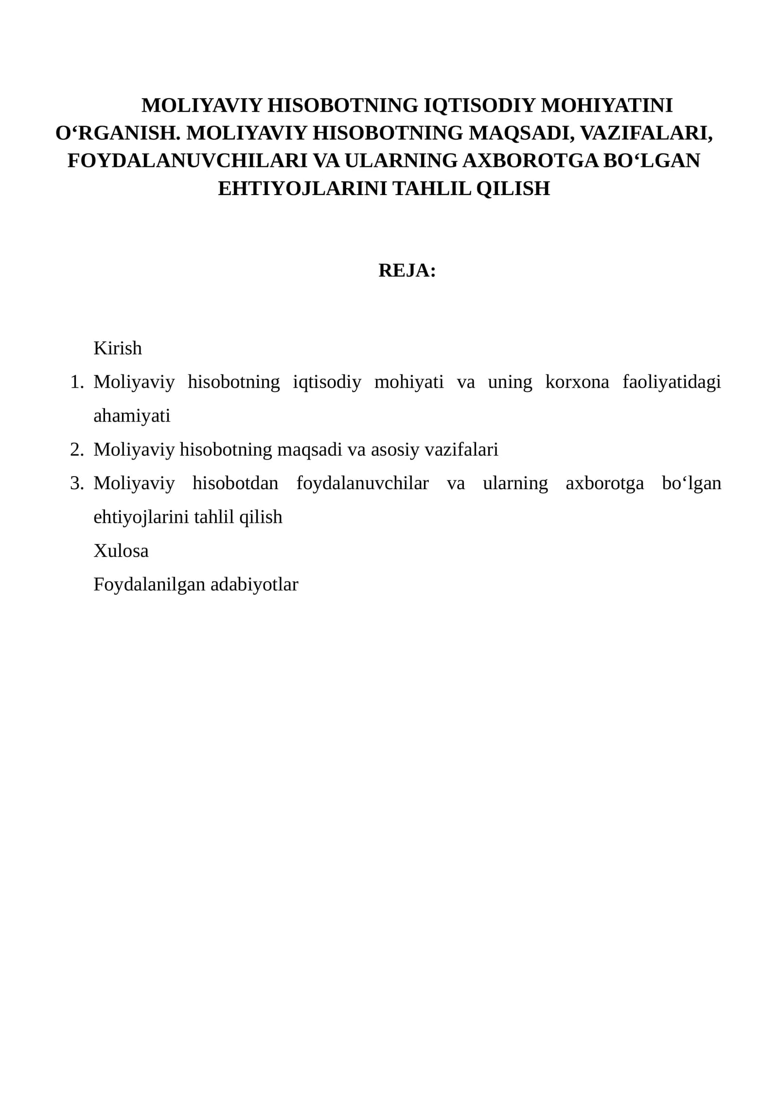 Moliyaviy Hisobotning Iqtisodiy Mohiyatini O‘rganish