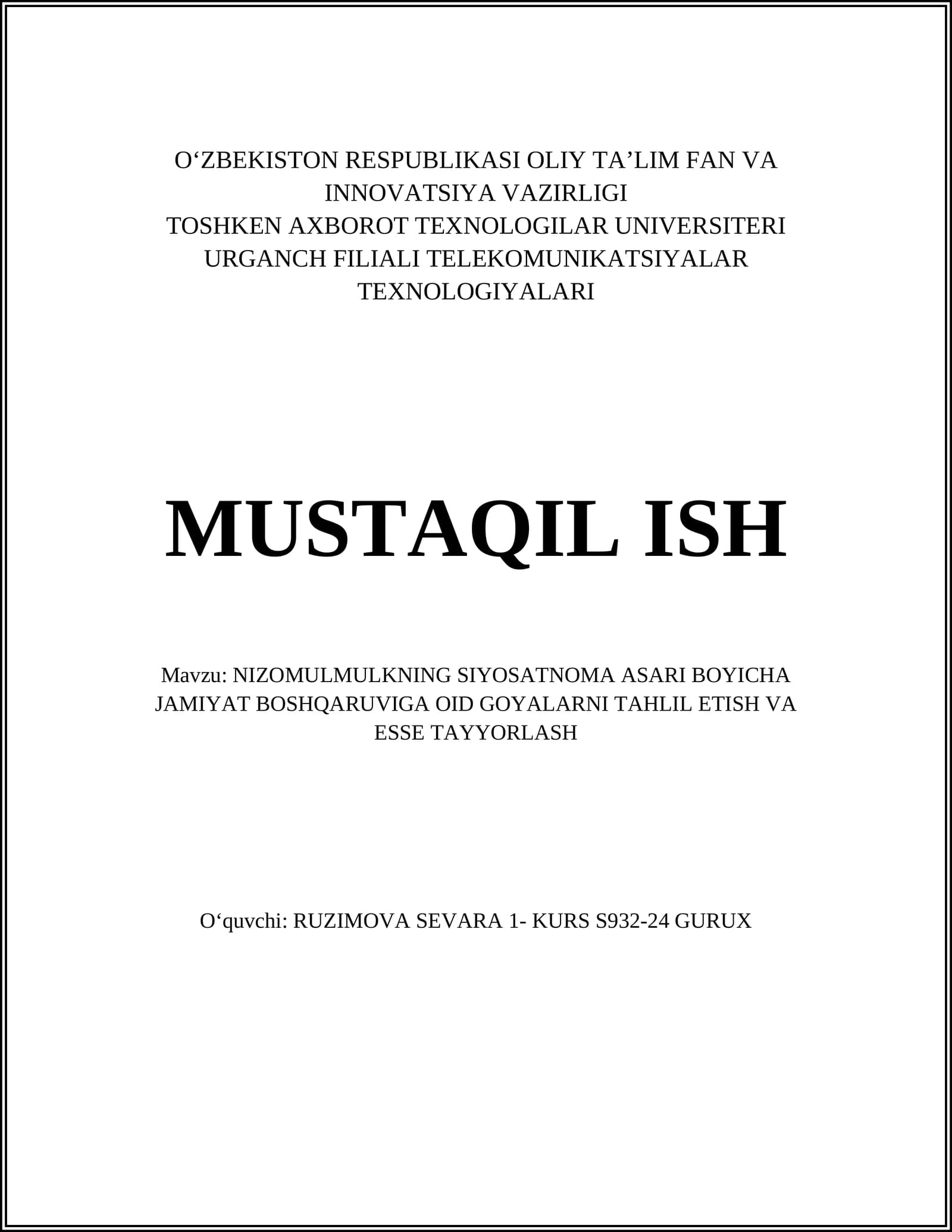 Nizomulmulkning siyosatnoma asari boyicha jamiyat boshqaruviga oid goyalarni tahlil etish va esse tayyorlash