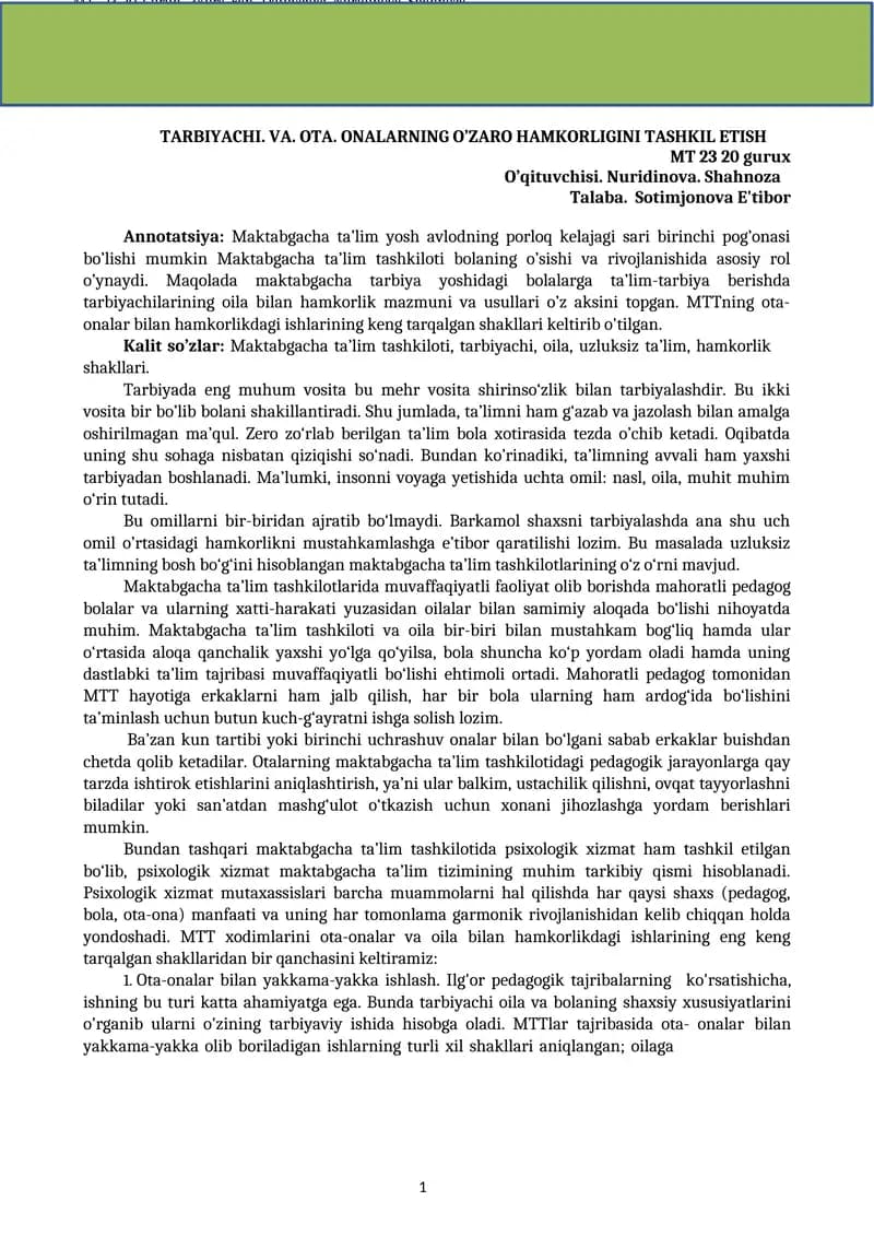 Maktabgacha ta’lim yosh avlodning porloq kelajagi sari birinchi pog’onasi bo’lishi mumkin