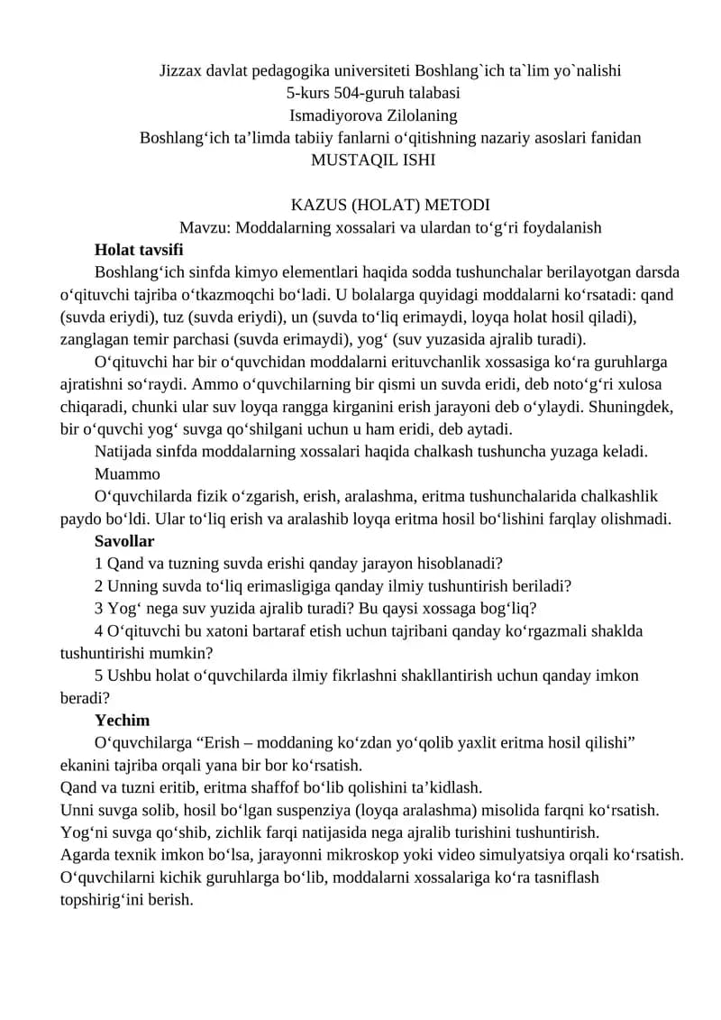 KAZUS (HOLAT) METODI