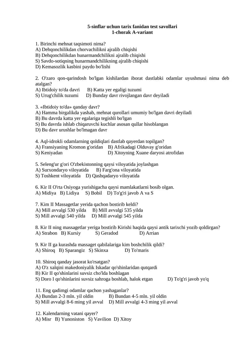5-sinflar uchun tarix fanidan test savollari