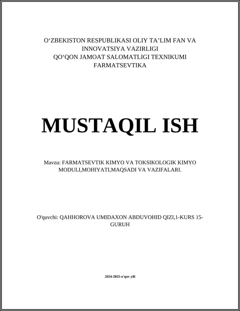 FARMATSEVTIK KIMYO VA TOKSIKOLOGIK KIMYO MODULI