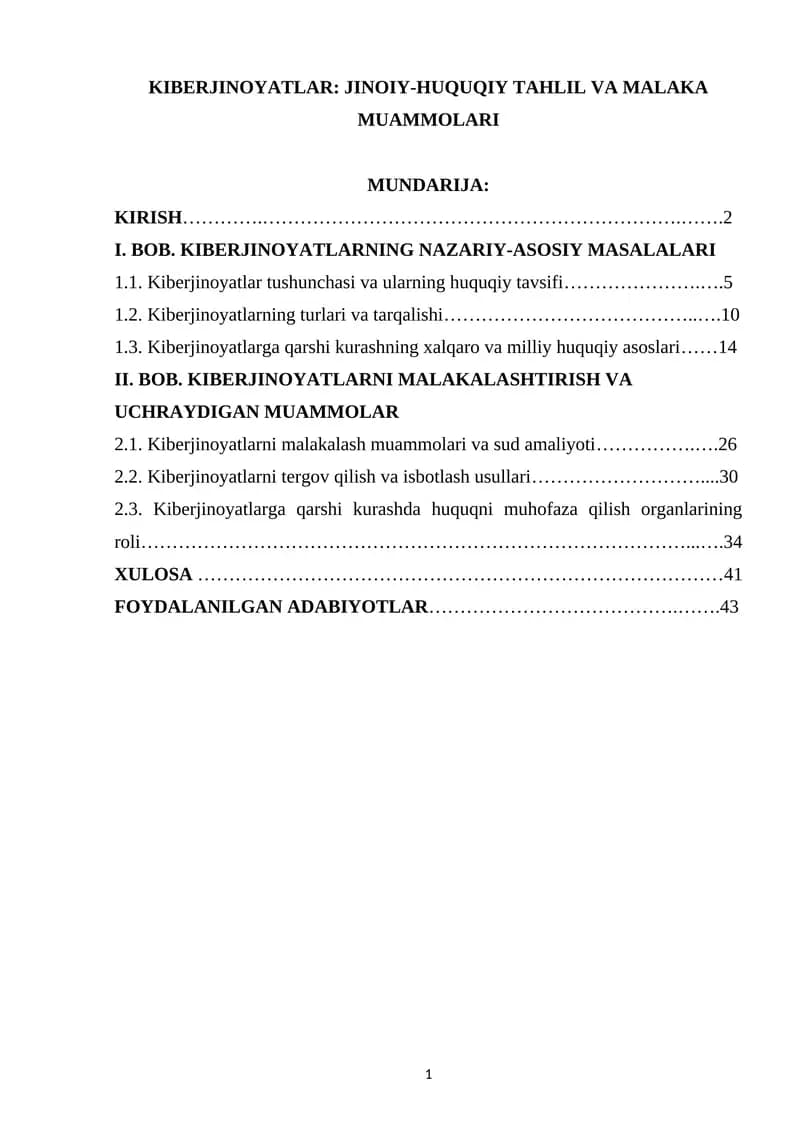 KIBERJINOYATLAR: JINOIY-HUQUQIY TAHLIL VA MALAKA MUAMMOLARI