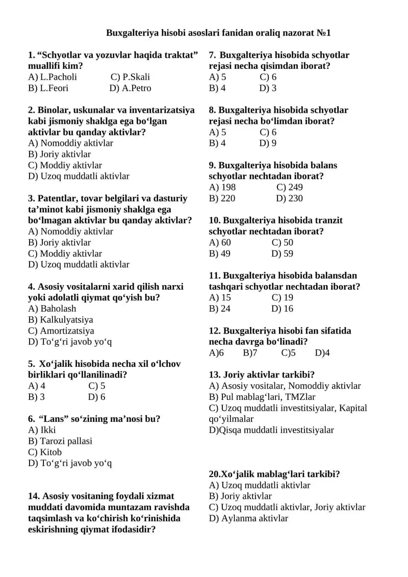 Buxgalteriya hisobi asoslari fanidan oraliq nazorat 1
