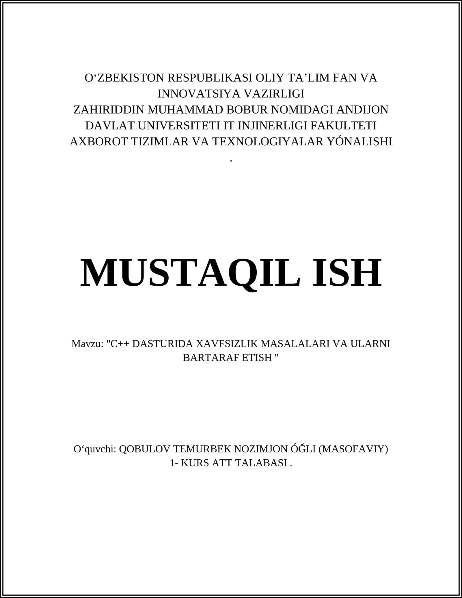"C++ DASTURIDA XAVFSIZLIK MASALALARI VA ULARNI BARTARAF ETISH"