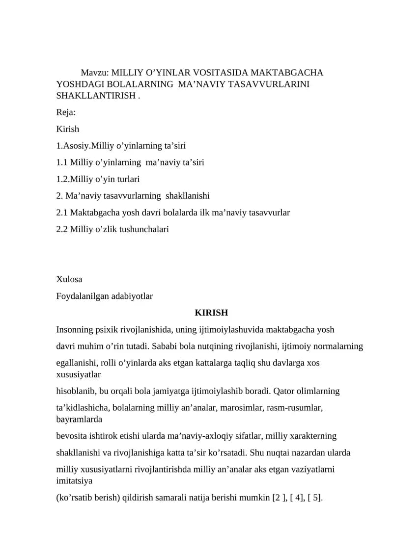 MILLIY O’YINLAR VOSITASIDA MAKTABGACHA YOSHDAGI BOLALARNING MA’NAVIY TASAVVURLARINI SHAKLLANTIRISH
