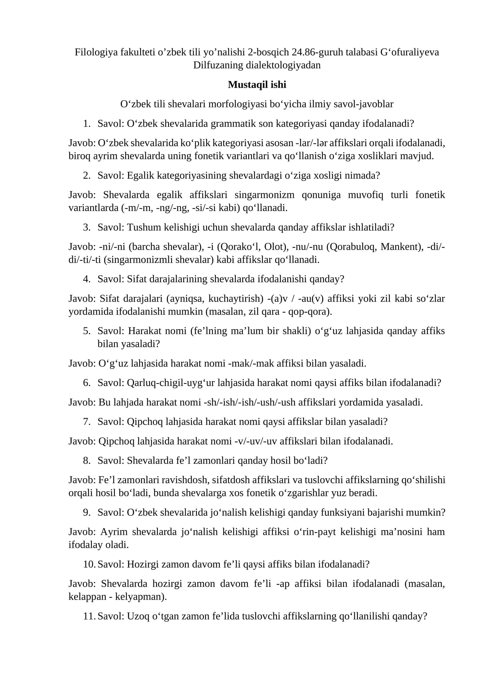 o'zbek tili morfologiyasi