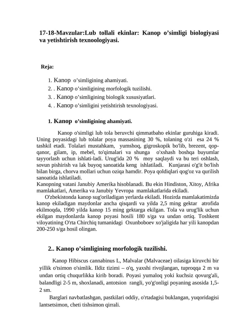 Lub tollali ekinlar: Kanop o’simligi biologiyasi va yetishtirish texnoologiyasi