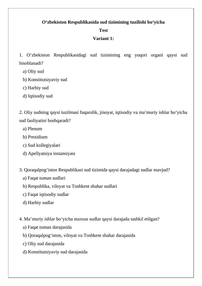 O‘zbekiston Respublikasida sud tizimining tuzilishi