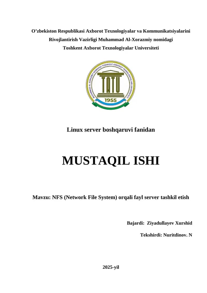 NFS (Network File System) orqali fayl server tashkil etish