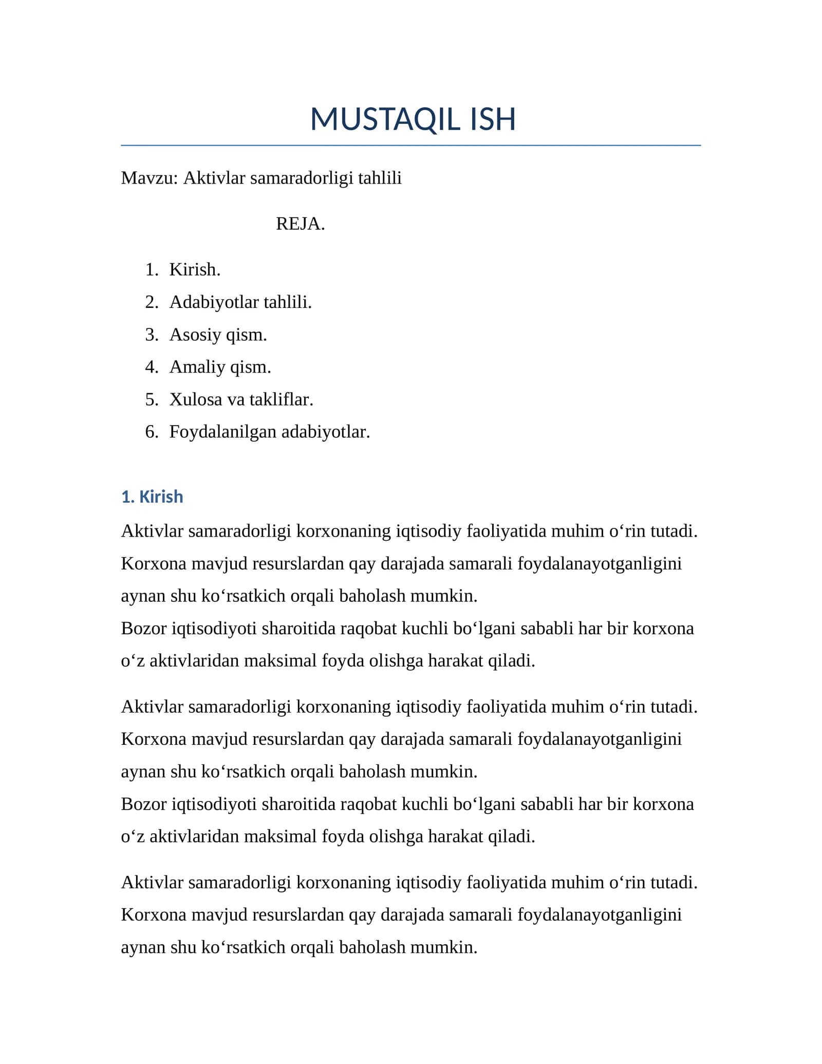 Aktivlar samaradorligi tahlili