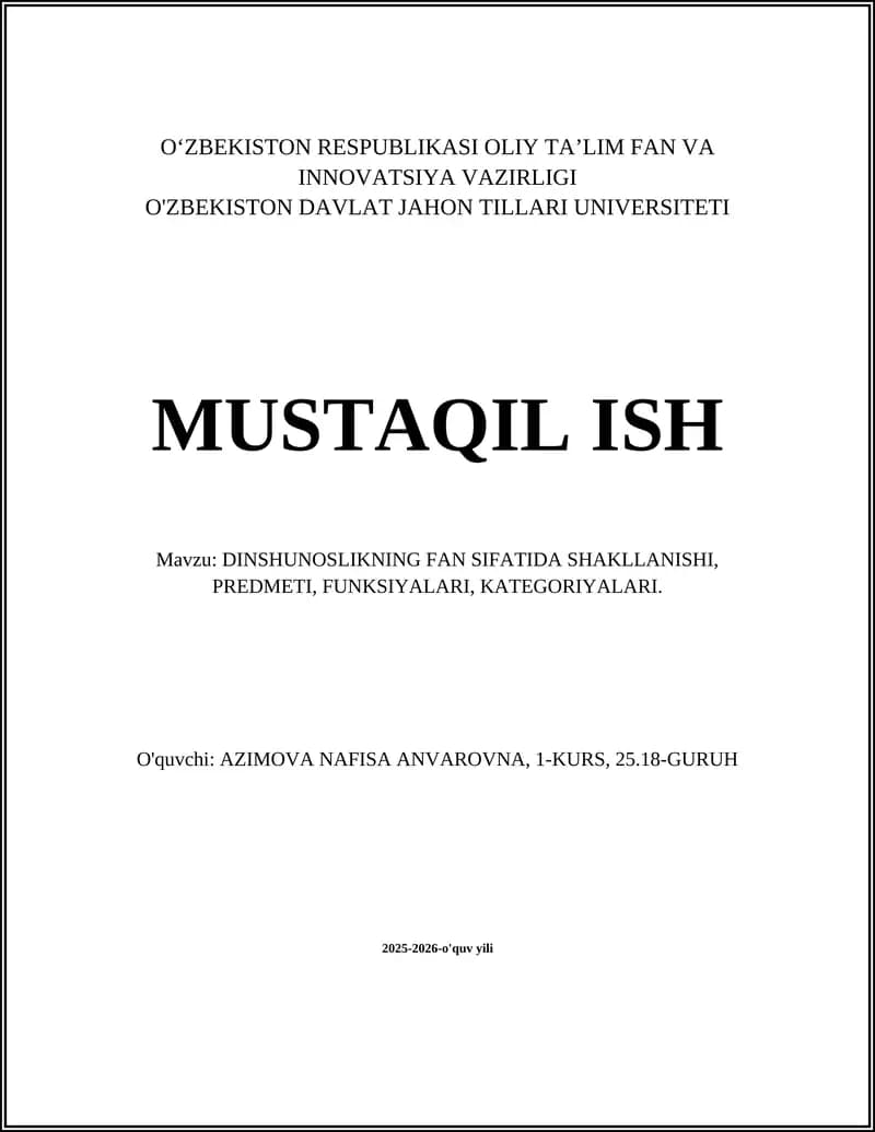 DINSHUNOSLIKNING FAN SIFATIDA SHAKLLANISHI, PREDMETI, FUNKSIYALARI, KATEGORIYALARI