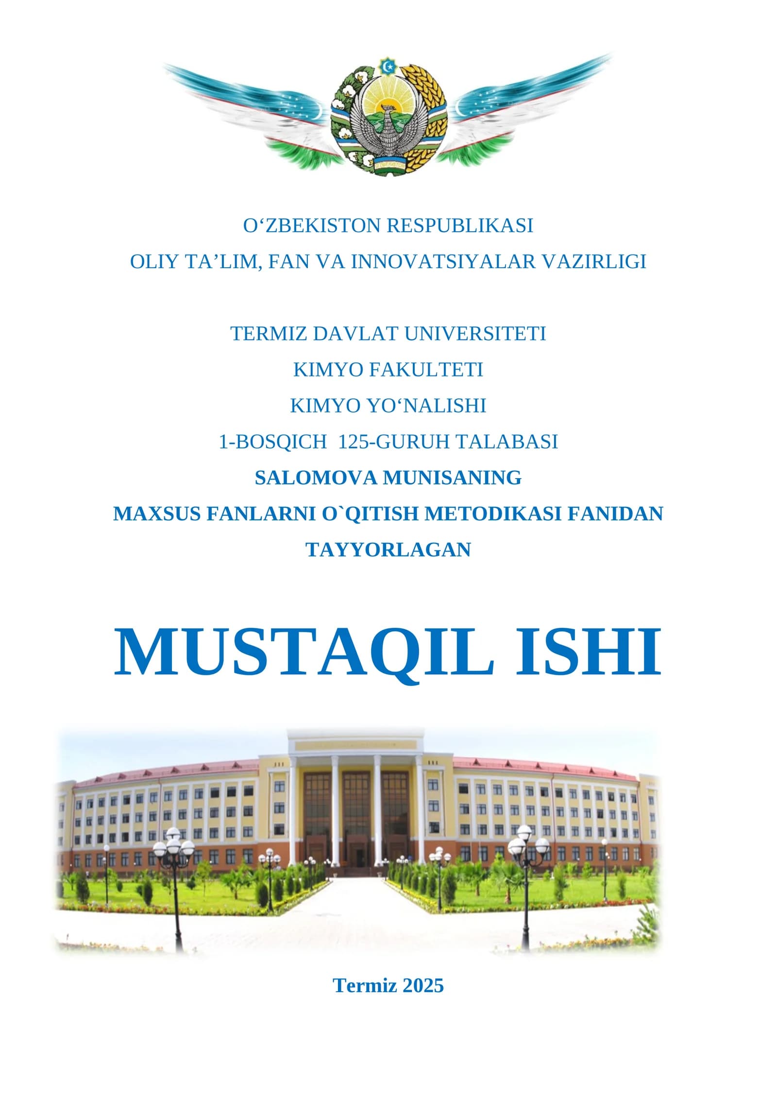 MAXSUS FANLARNI O`QITISH METODIKASI FANIDAN TAYYORLAGAN MUSTAQIL ISHI