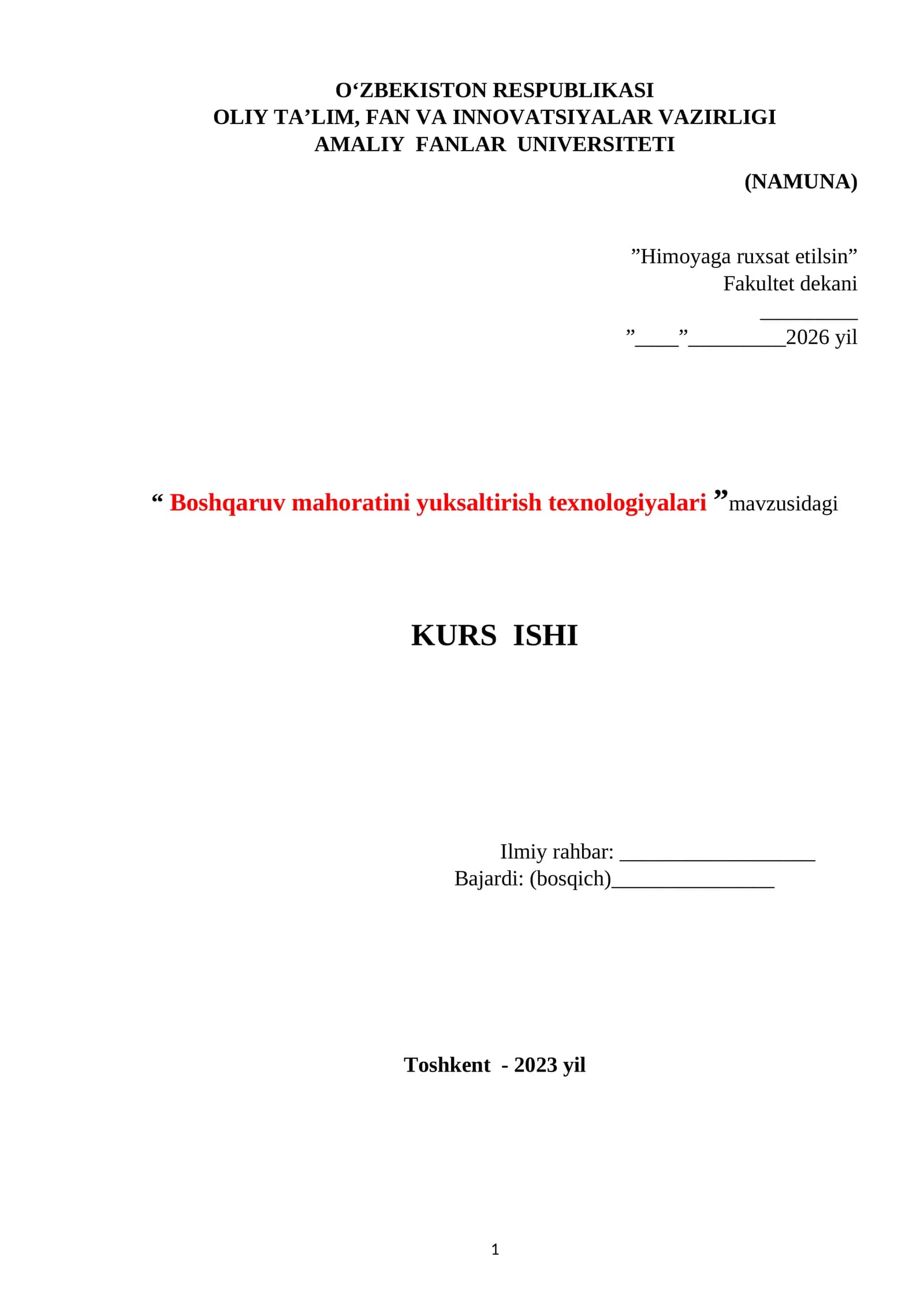 Boshqaruv mahoratini yuksaltirish texnologiyalari KURS ISHI