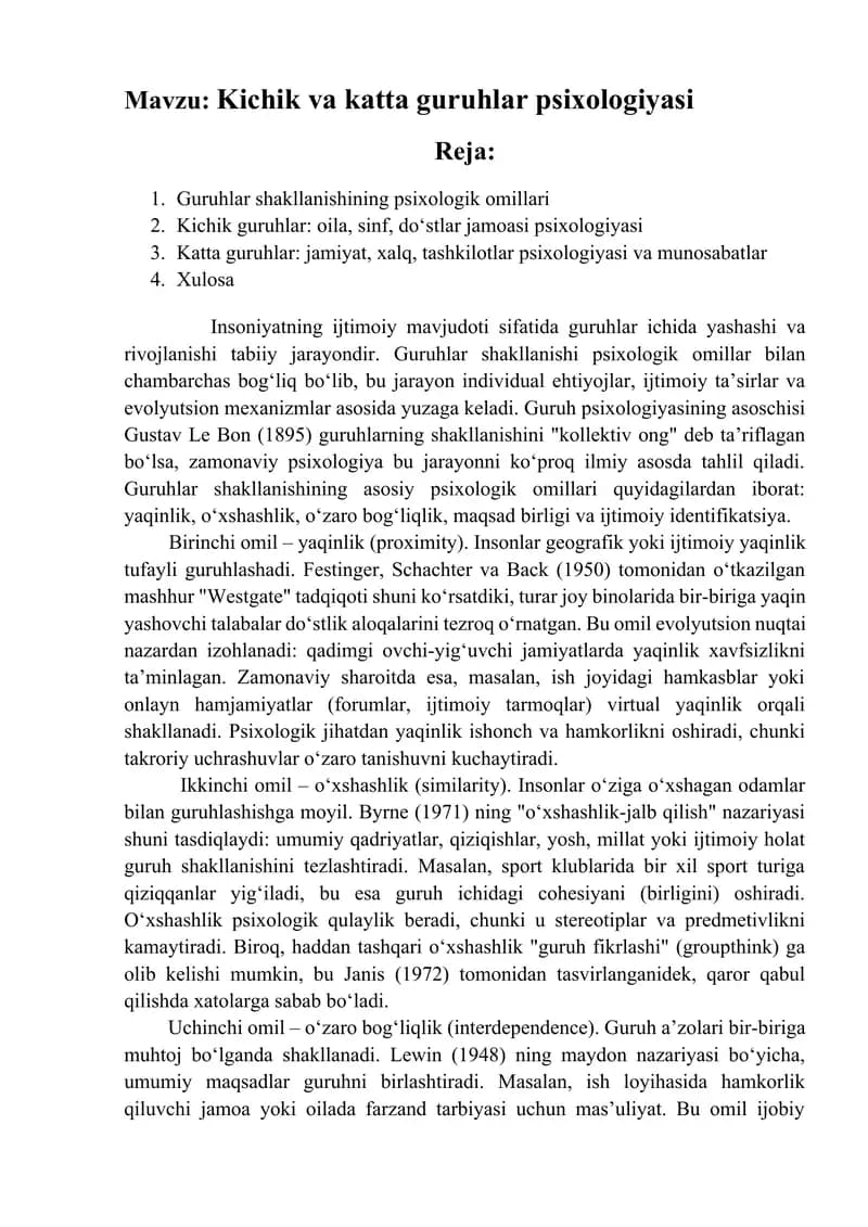 Kichik va katta guruhlar psixologiyasi