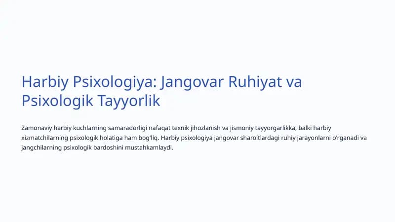 Harbiy Psixologiya: Jangovar Ruhiyat va Psixologik Tayyorlik