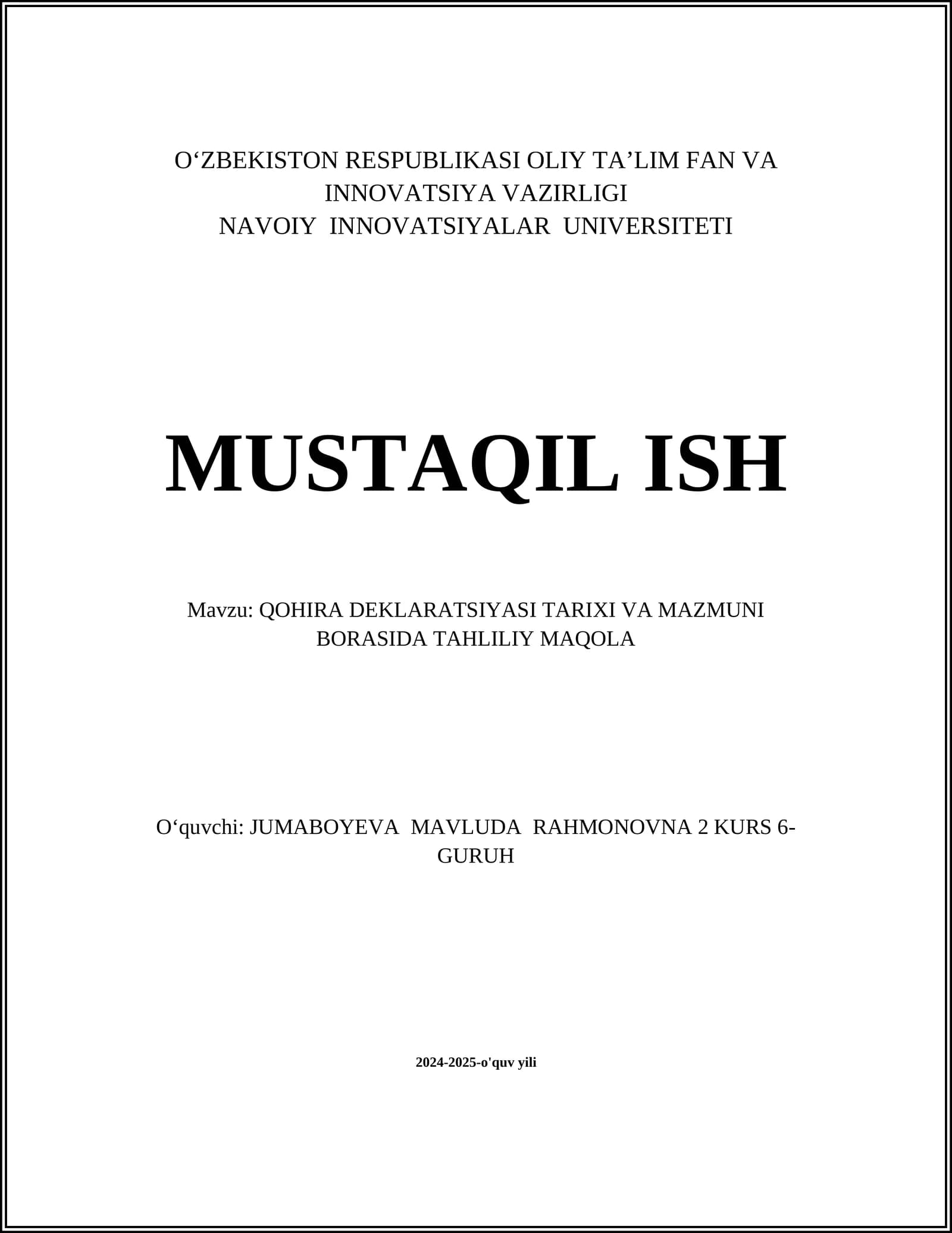 QOHIRA DEKLARATSIYASI TARIXI VA MAZMUNI BORASIDA TAHLILIY MAQOLA