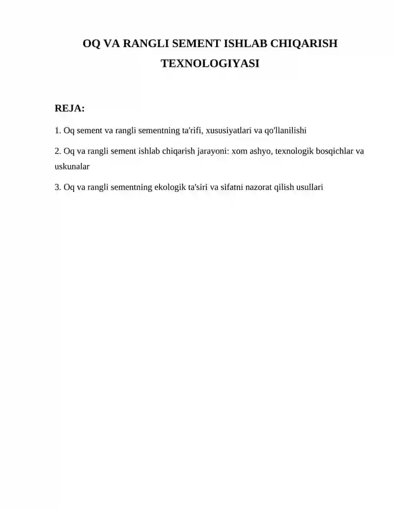 OQ VA RANGLI SEMENT ISHLAB CHIQARISH TEXNOLOGIYASI