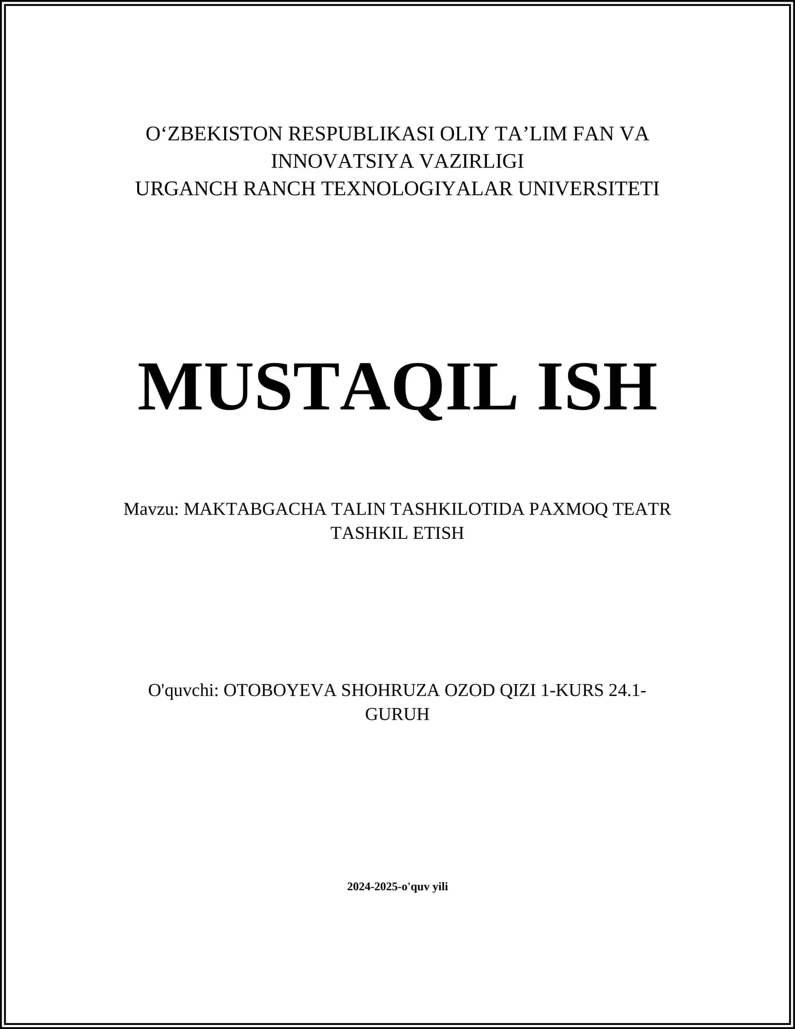 MAKTABGACHA TALIN TASHKILOTIDA PAXMOQ TEATR TASHKIL ETISH