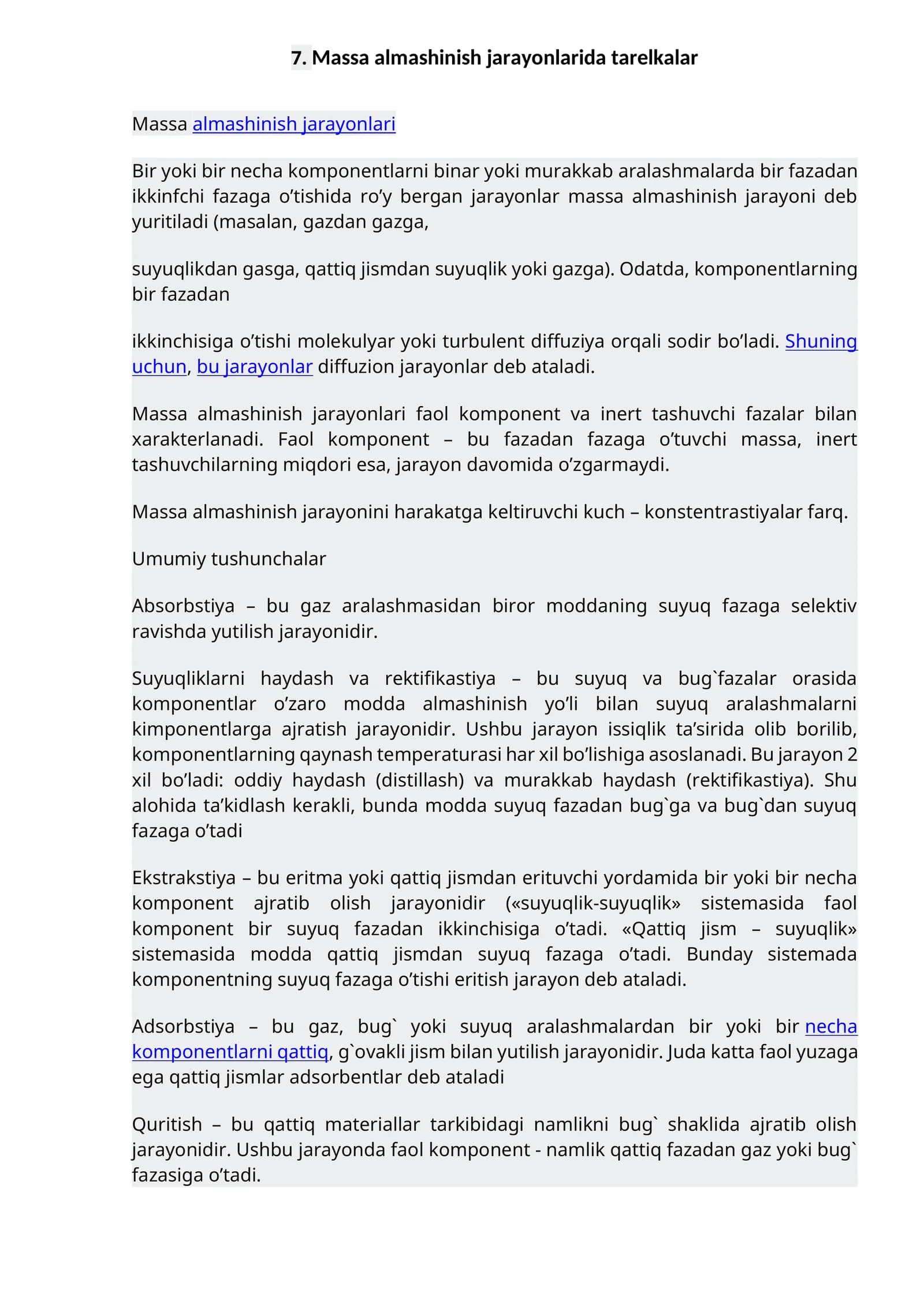 Massa almashinish jarayonlarida tarelkalar