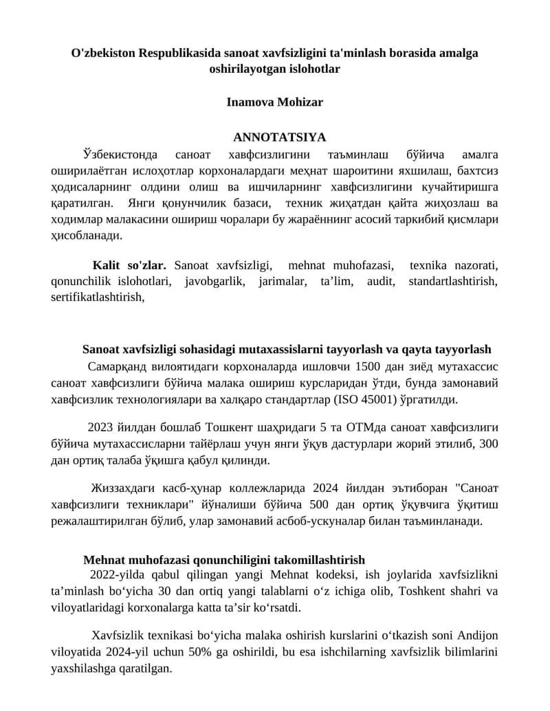 Sanoat xavfsizligini ta'minlash borasida amalga oshirilayotgan islohotlar