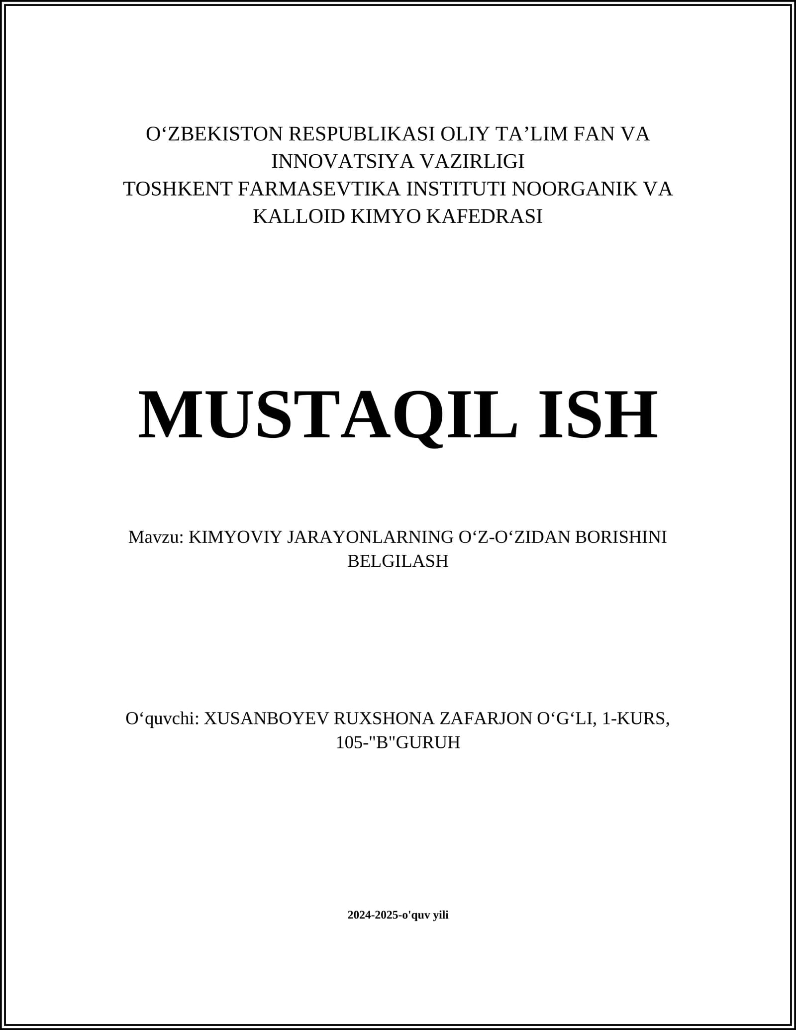 TERMODINAMIKANING BIRINCHI BOSHQONUNI