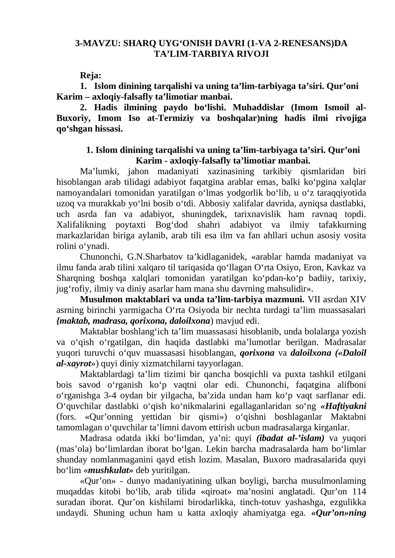 SHARQ UYG‘ONISH DAVRI (1-VA 2-RENESANS)DA TA’LIM-TARBIYA RIVOJI