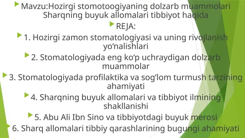 Hozirgi stomotoogiyaning dolzarb muammolari Sharqning buyuk allomalari tibbiyot haqida
