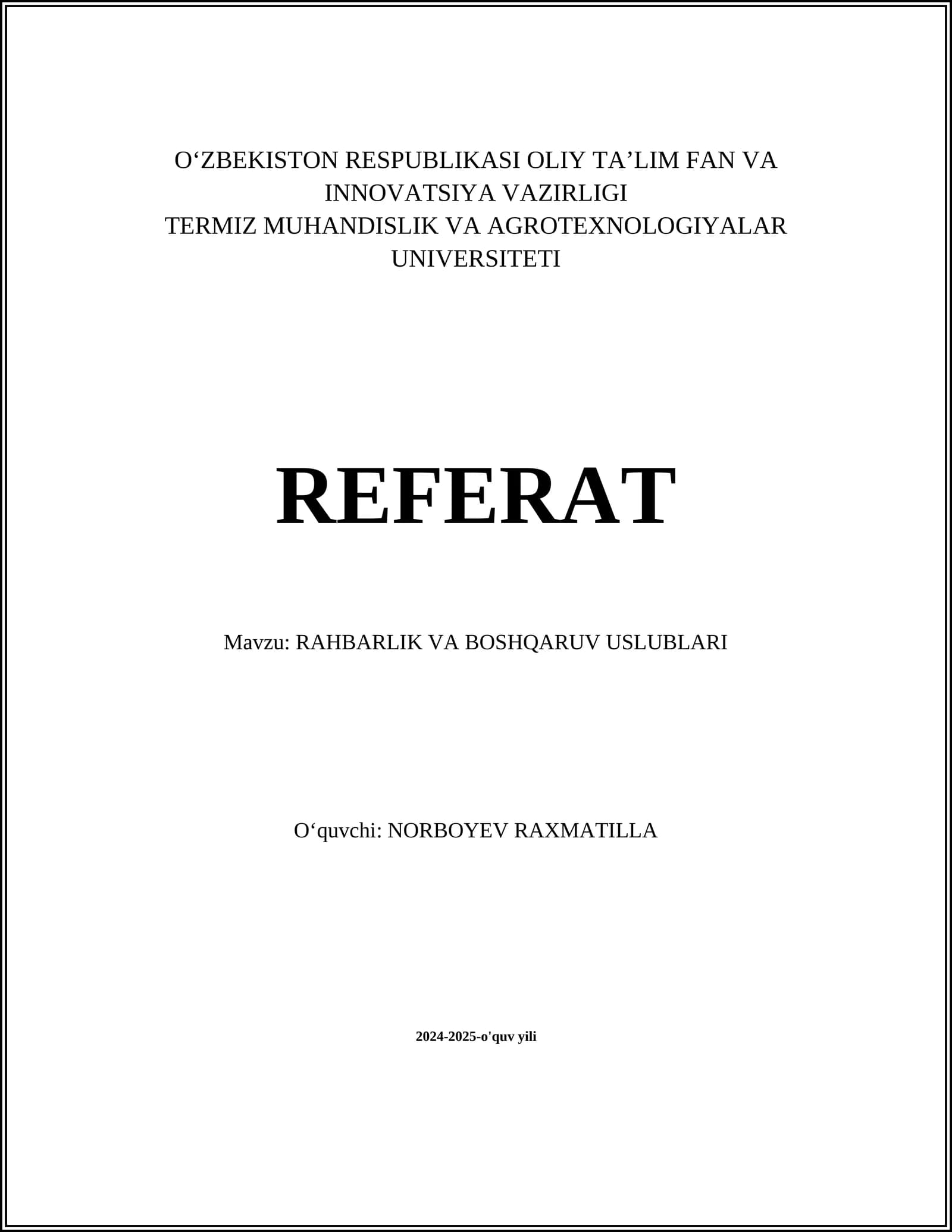 RAHBARLIK VA BOSHQARUV USLUBLARI
