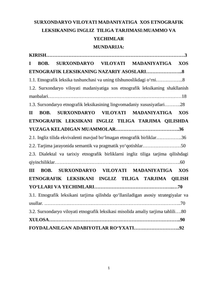 SURХОNDАRYО VILОYАTI MАDАNIYАTIGА ХОS ЕTNОGRАFIK LЕKSIKАNING INGLIZ TILIGА TАRJIMАSI:MUАMMО VА YЕСHIMLАR