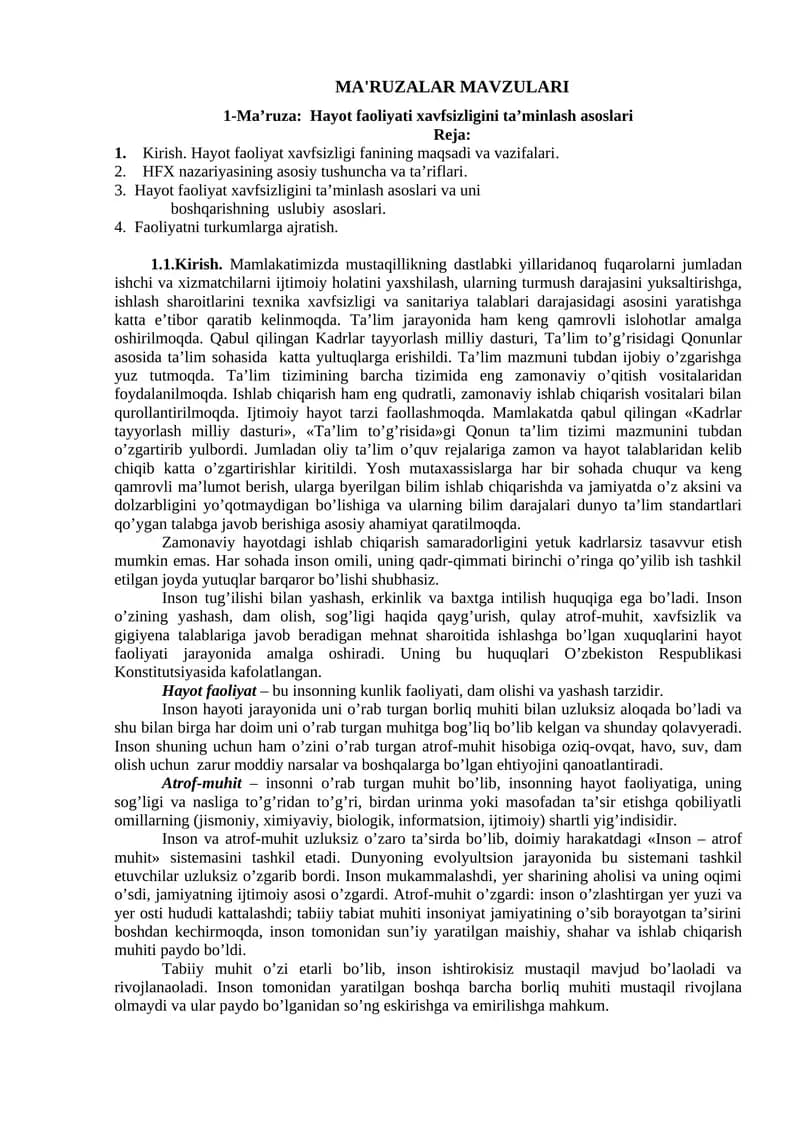 Hayot faoliyati xavfsizligini ta’minlash asoslari