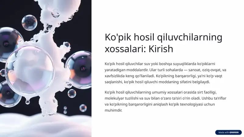 Ko'pik hosil qiluvchilarning xossalari Kirish