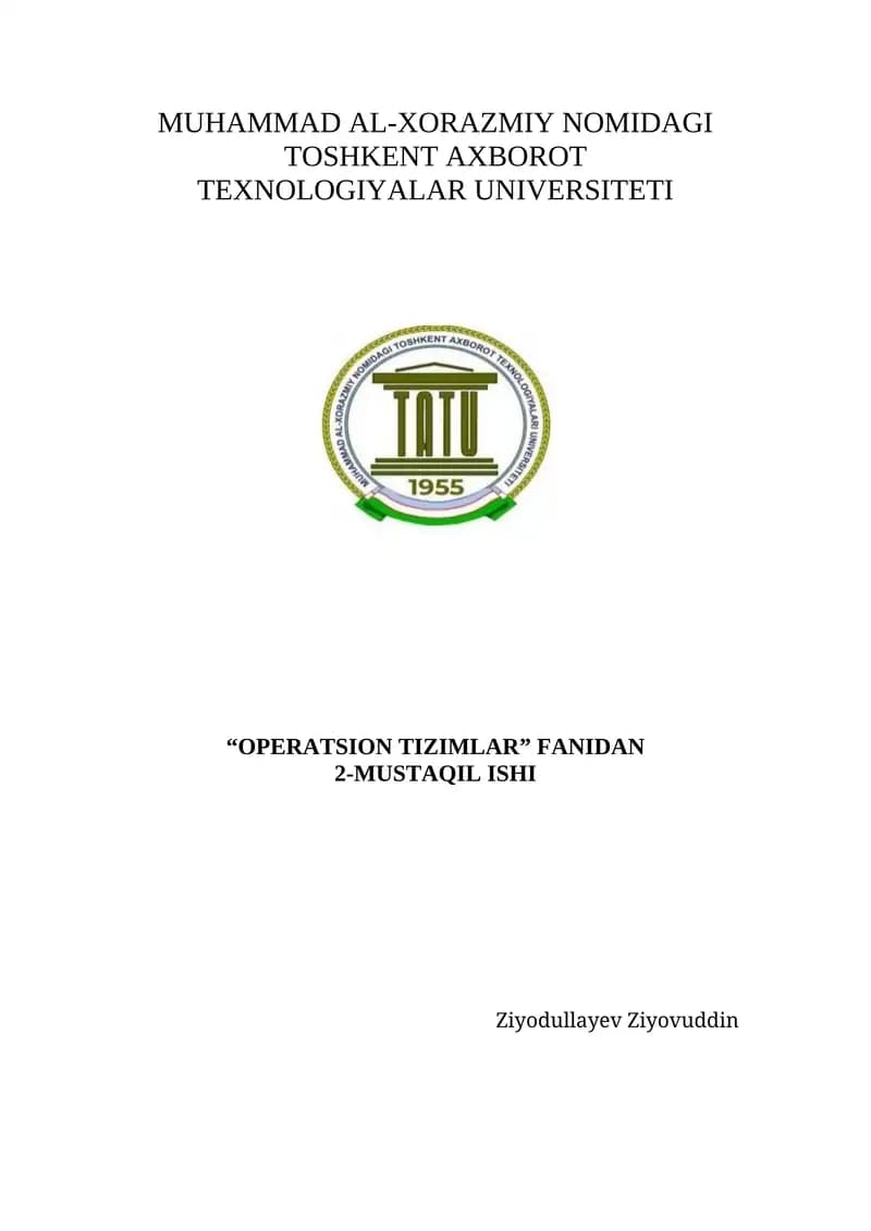 MUHAMMAD AL-XORAZMIY NOMIDAGI TOSHKENT AXBOROT TEXNOLOGIYALAR UNIVERSITETI