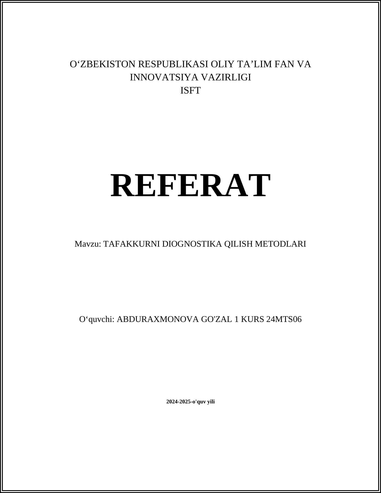 TAFAKKURNI DIOGNOSTIKA QILISH METODLARI