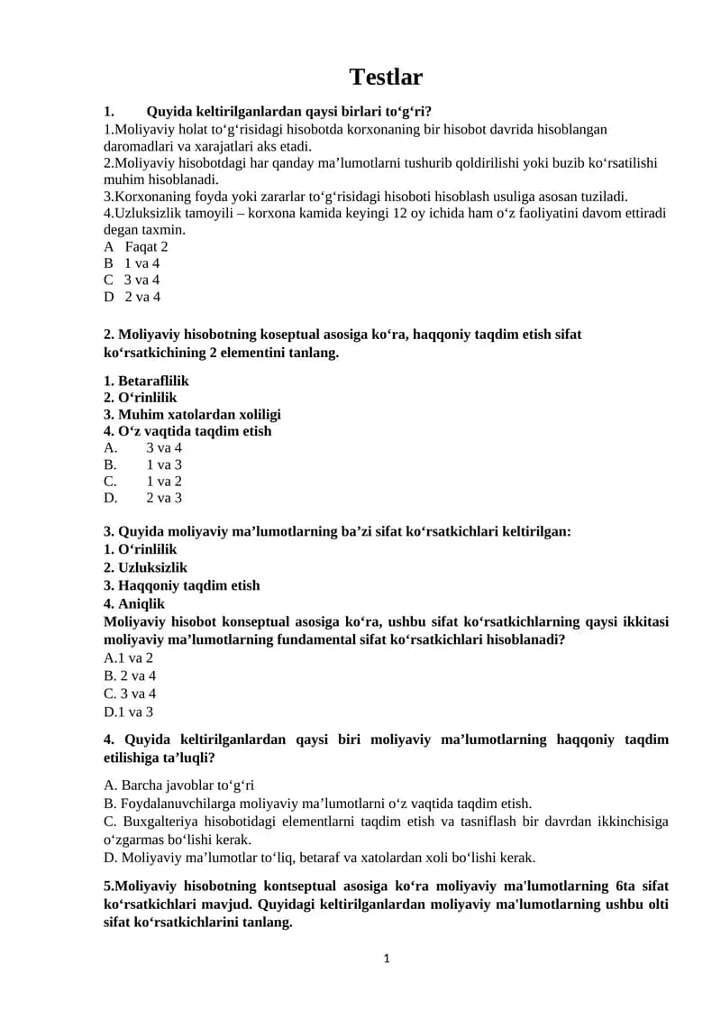 Moliyaviy hisobotlar test savollari