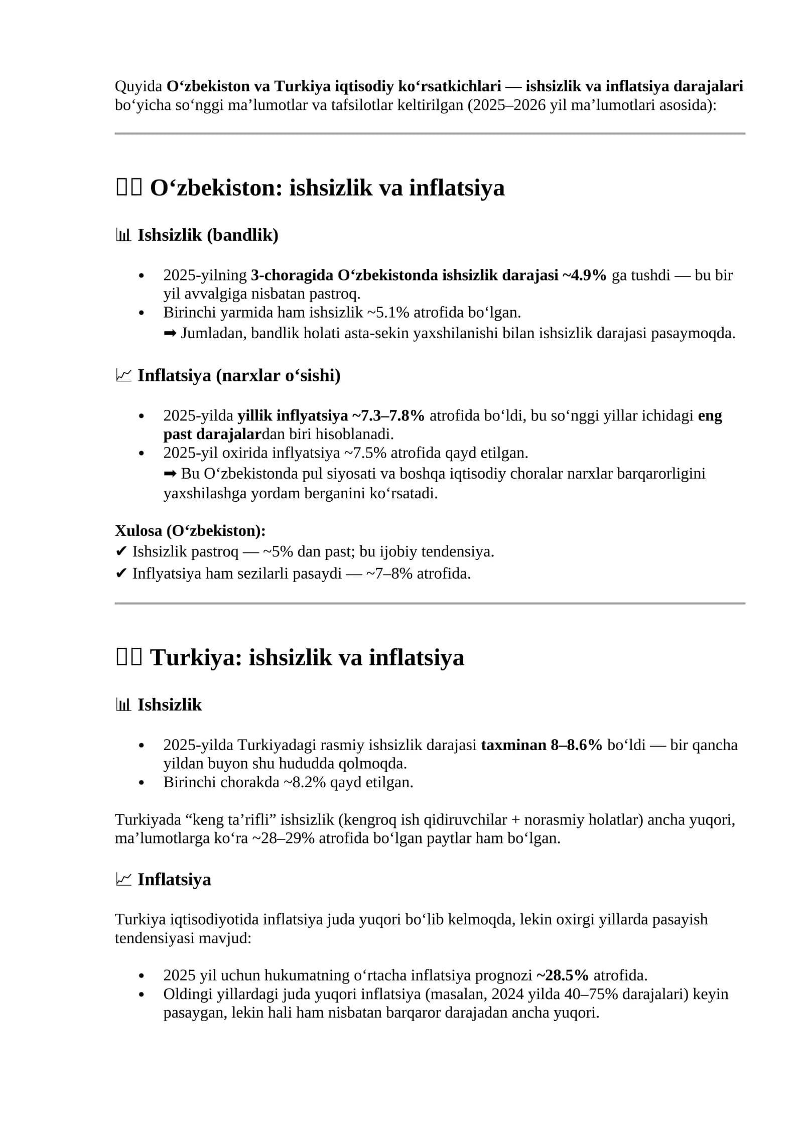 O‘zbekiston va Turkiya iqtisodiy ko‘rsatkichlari