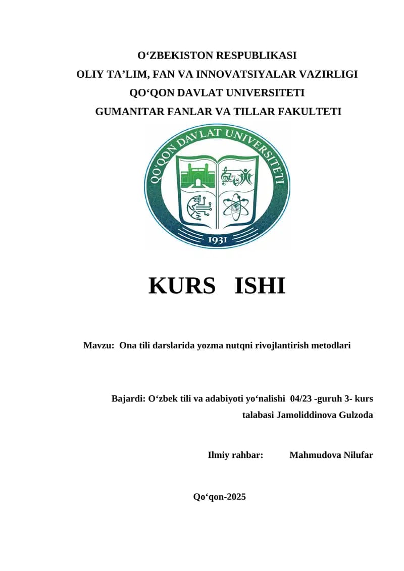 Ona tili darslarida yozma nutqni rivojlantirish metodlari