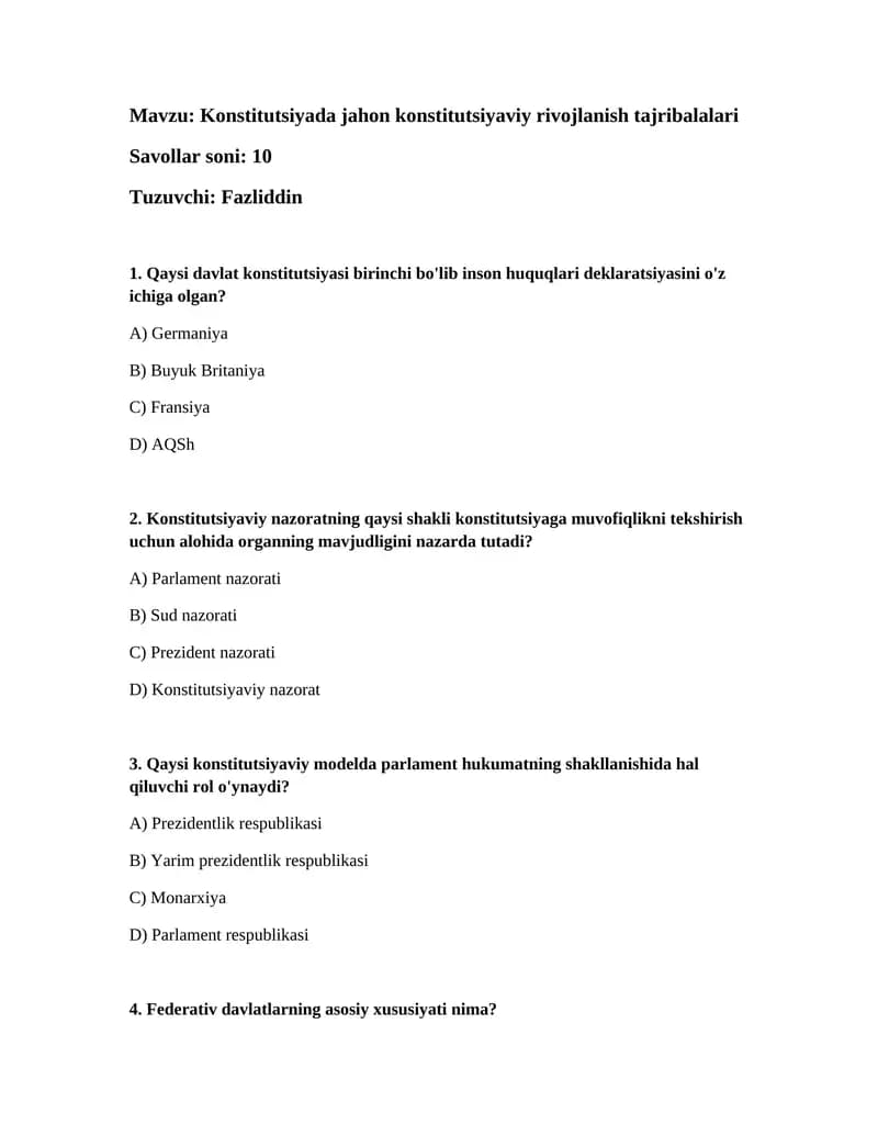 Konstitutsiyada jahon konstitutsiyaviy rivojlanish tajribalalari