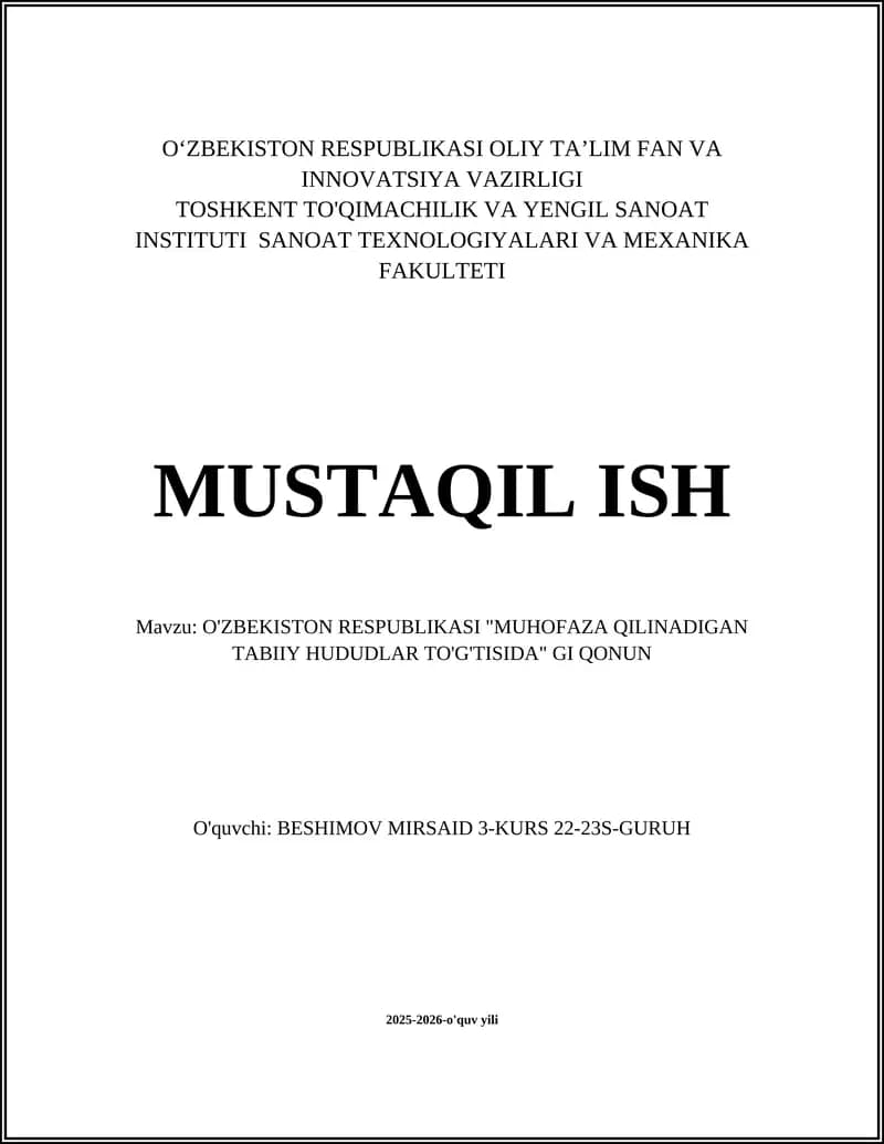 O‘ZBEKISTON RESPUBLIKASI "MUHOFAZA QILINADIGAN TABIIY HUDUDLAR TO'G'TISIDA" GI QONUN