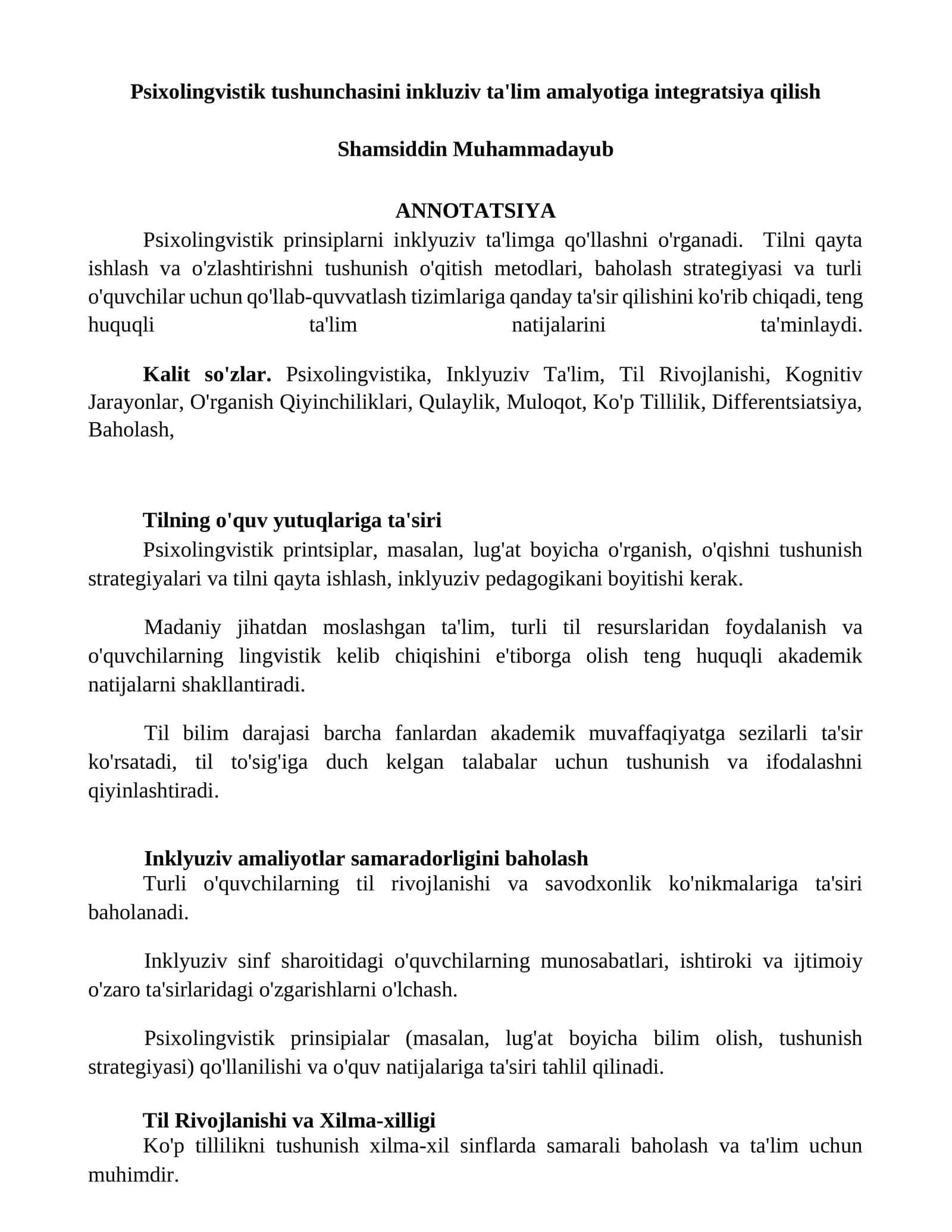 Psixolingvistik tushunchasini inkluziv ta'lim amalyotiga integratsiya qilish