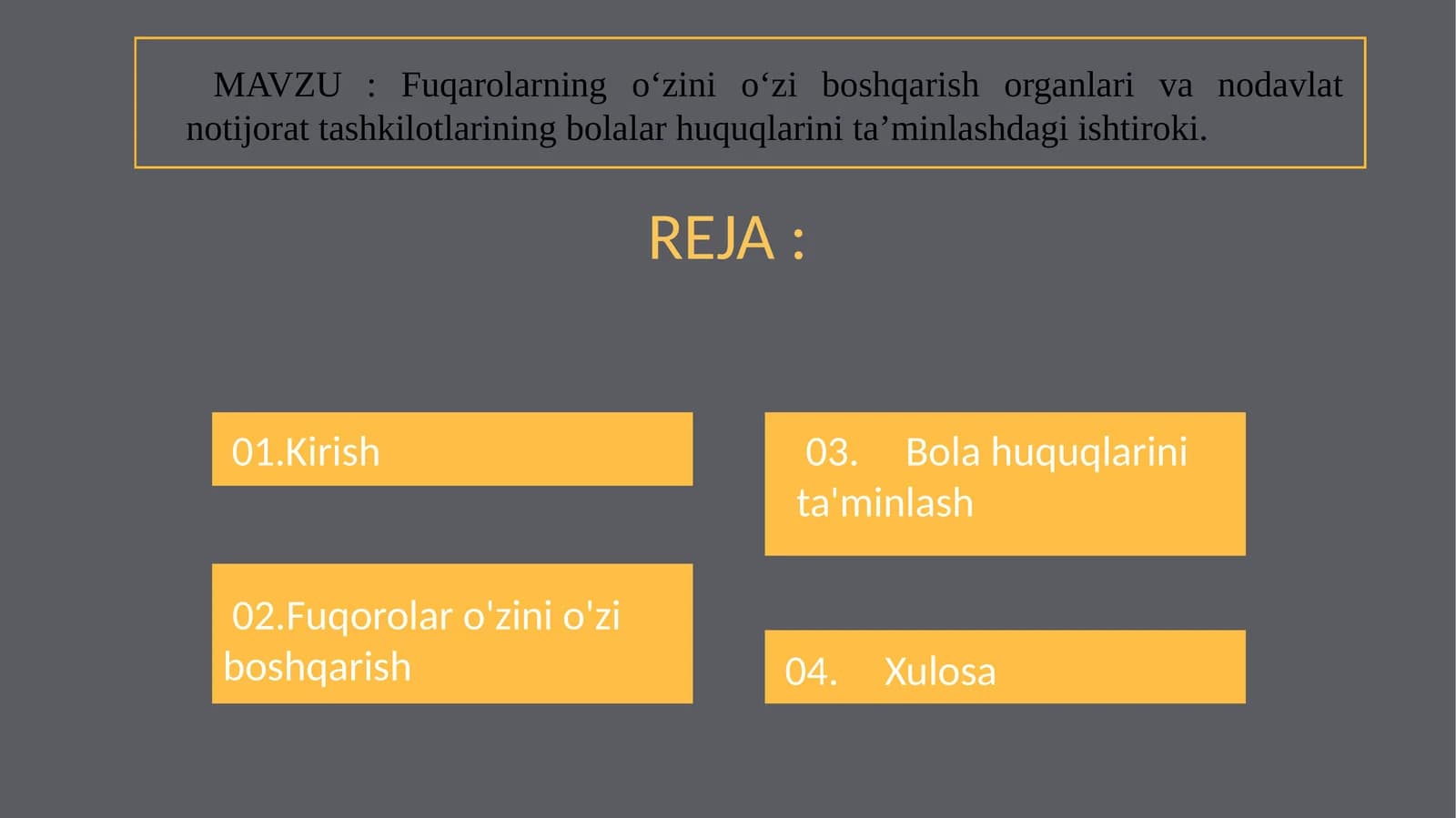 Fuqarolarning o‘zini o‘zi boshqarish organlari va nodavlat notijorat tashkilotlarining bolalar huquqlarini ta’minlashdagi ishtiroki.