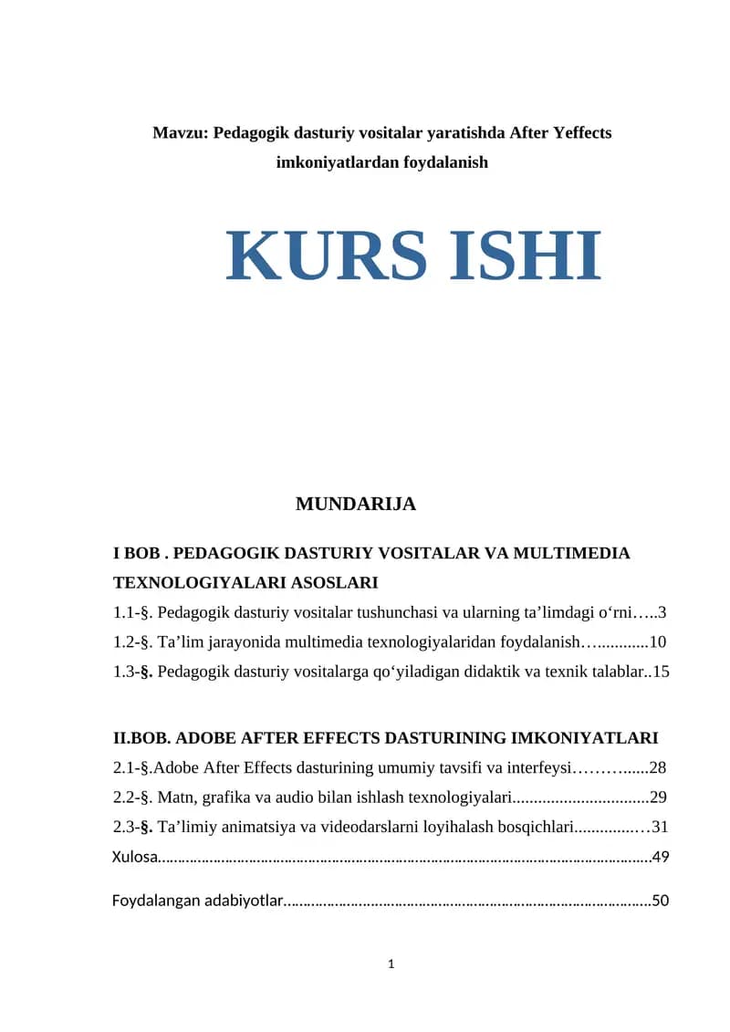 Pedagogik dasturiy vositalar yaratishda After Yeffects imkoniyatlardan foydalanish