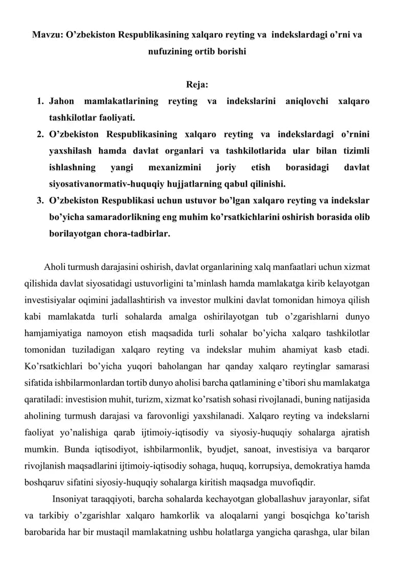 O’zbekiston Respublikasining xalqaro reyting va  indekslardagi o’rni va nufuzining ortib borishi