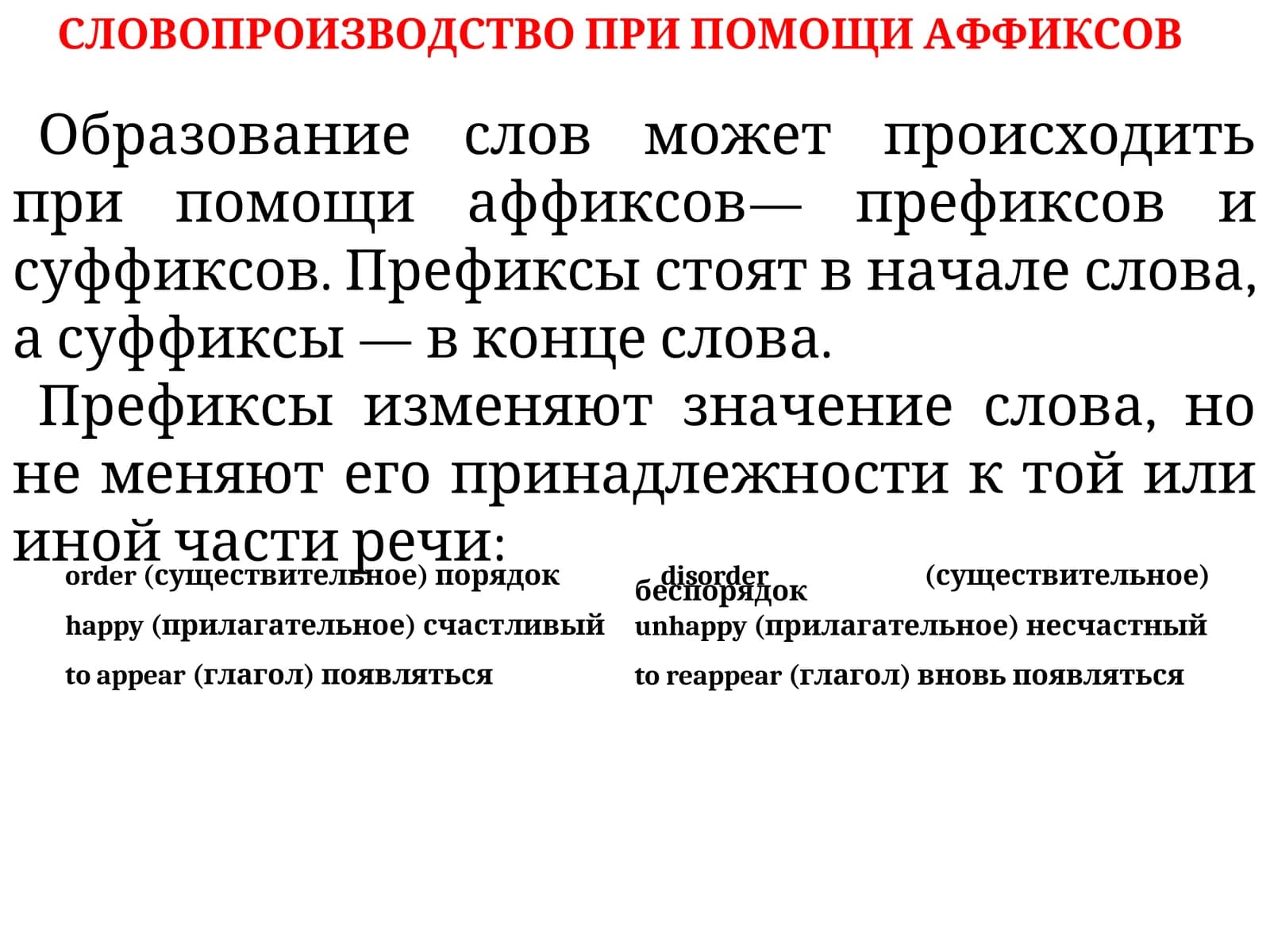 СЛОВОПРОИЗВОДСТВО ПРИ ПОМОЩИ АФФИКСОВ